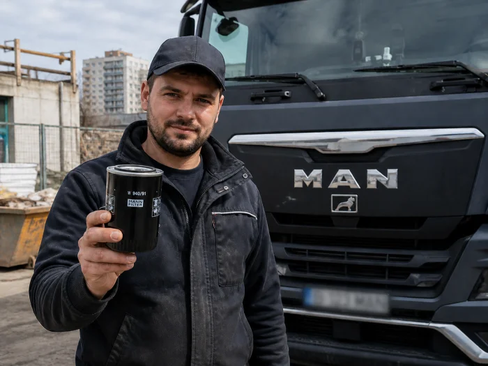 Sofer de camion care arata un flitru de ulei MANN - filtre de ulei distribuite de MLS Distribution